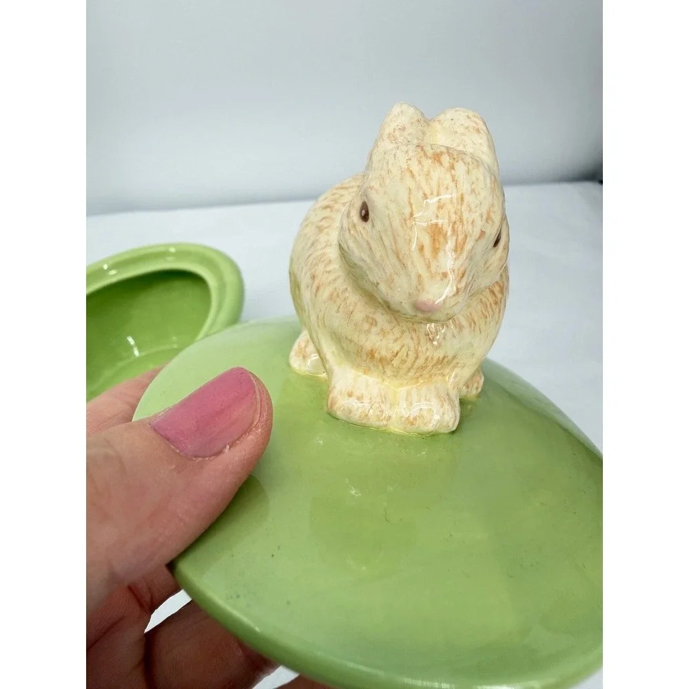 Hallmark Candy Dish Bunny Rabbit Topper Green Basketweave Spring Decor Easter